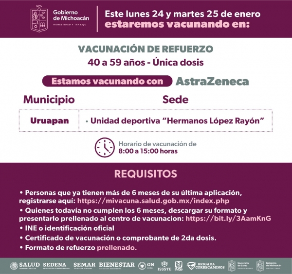 Lunes 24 y martes 25 de enero se aplica refuerzo contra Covid-19 en Uruapan