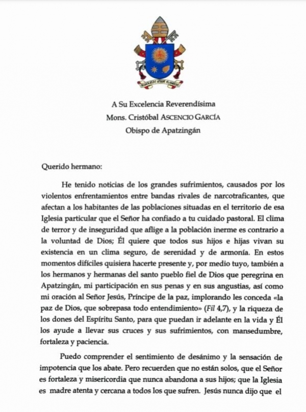El Papa Francisco, envía un esperanzador mensaje al pueblo de Aguililla