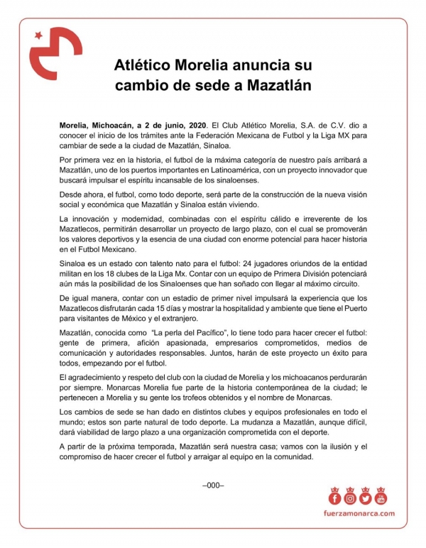 ¡Por fin! la directiva de Monarcas Morelia oficializó que se van a Mazatlán