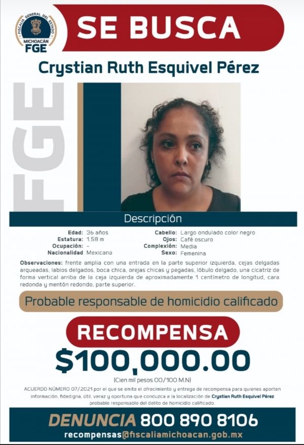 Ofrece FGE 100 mil de recompensa para localizar y detener a Crystian Ruth Esquivel Pérez, presunta homicida de un menor