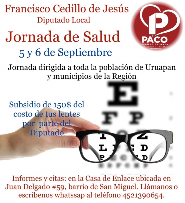 Jornada de Salud Visual 5 y 6 de septiembre con subsidio del diputado local Paco Cedillo