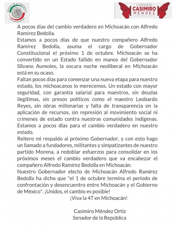 El Gobernador de Michoacán, Silvano Aureoles Conejo dejará un estado endeudado: Casimiro Méndez Ortiz