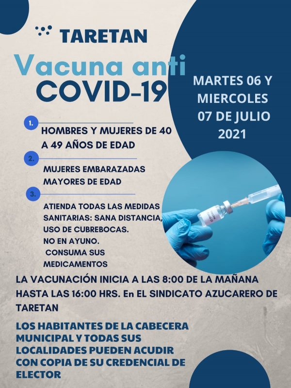 De 40 a 49 años se aplicará la vacuna contra Covid-19 este 06 de julio  en Taretan, Tingambato, Los Reyes y Ziracuaretiro