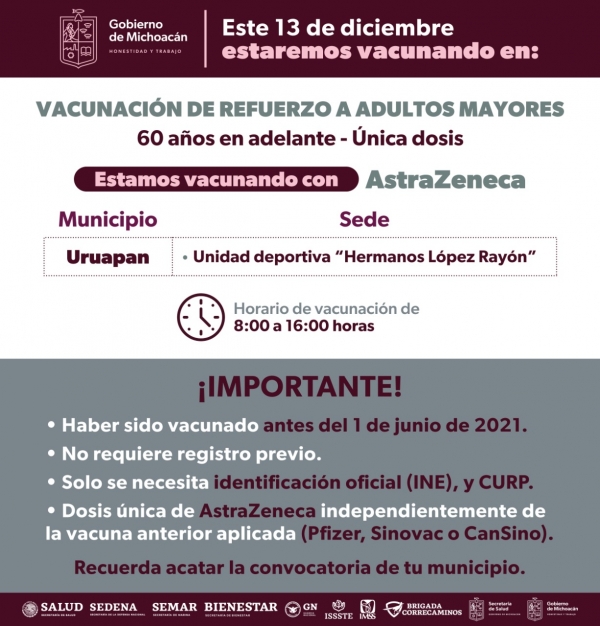 13 de diciembre, continúa vacunación contra Covid-19 en Uruapan